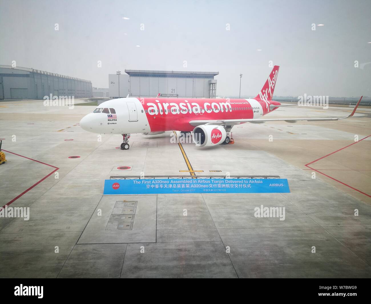 The first A320neo aircraft assembled at the Airbus Final Assembly Line Asia (FALA) in Tianjin is pictured during the ceremony to mark its delivery to Stock Photo