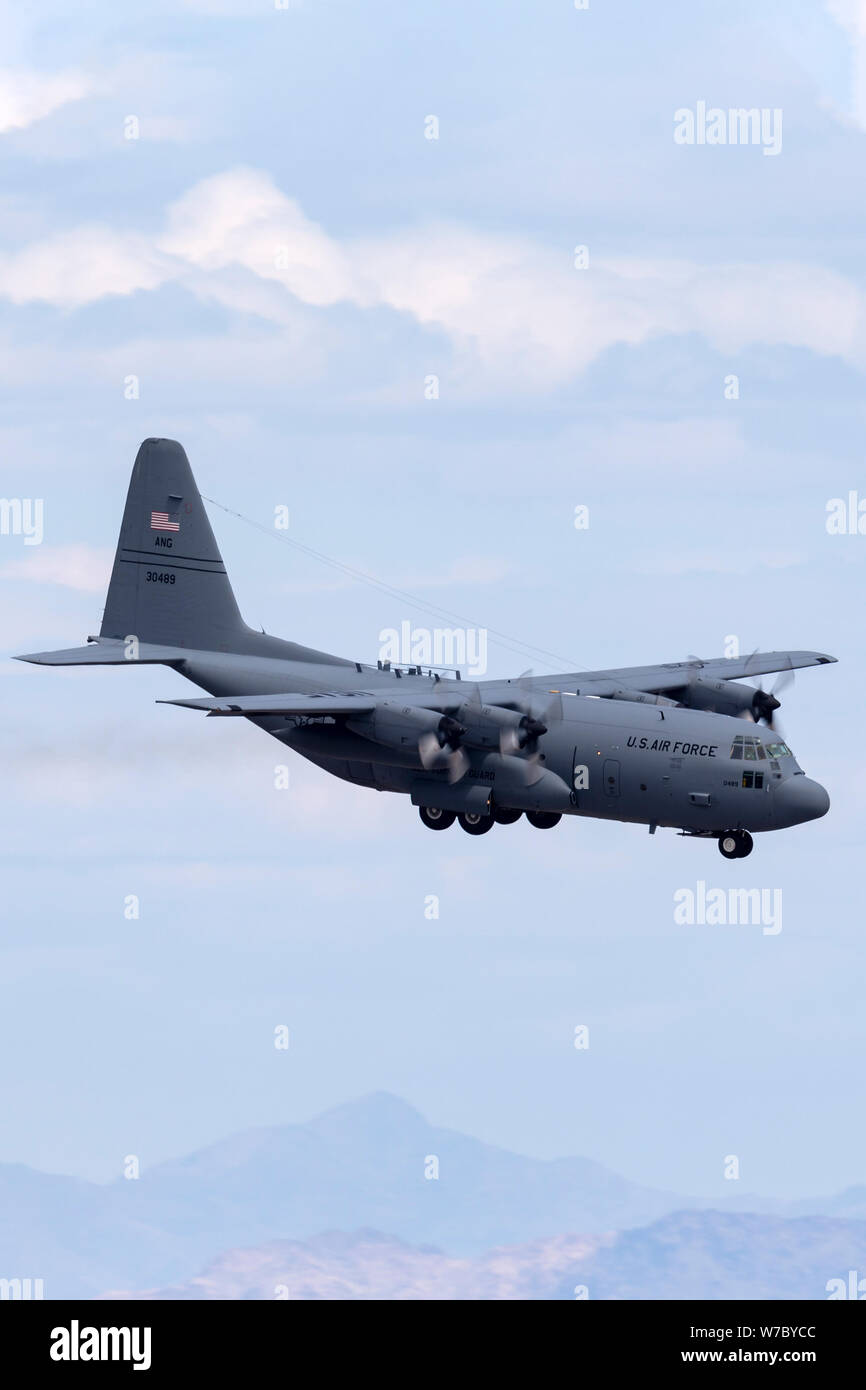 United States Air Force (USAF) Lockheed C-130H Hercules from the 109th Airlift Wing, New York Air National Guard on approach to land at McCarran Inter Stock Photo