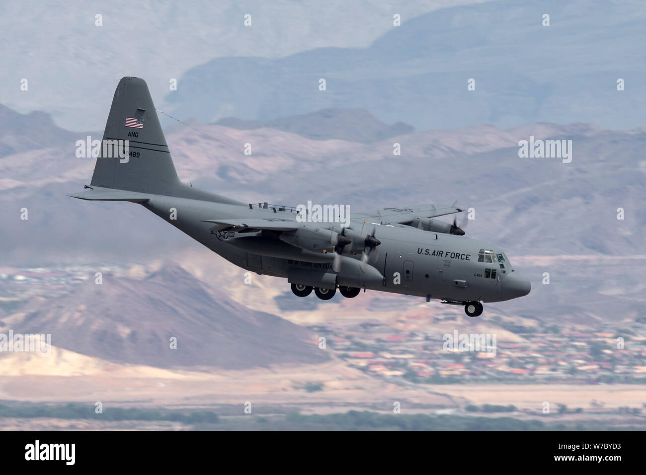 United States Air Force (USAF) Lockheed C-130H Hercules from the 109th Airlift Wing, New York Air National Guard on approach to land at McCarran Inter Stock Photo