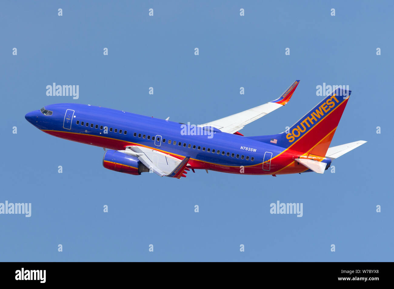 Southwest Airlines Boeing 737 airplane turning against a blue sky Stock ...