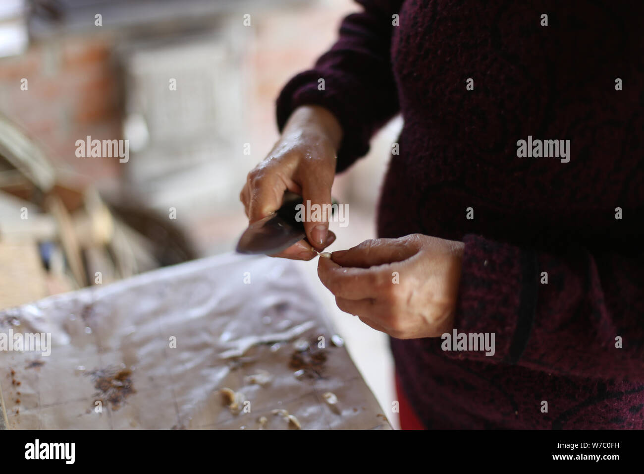 Details with the hands of an old woman peeling garlic for cooking Stock ...