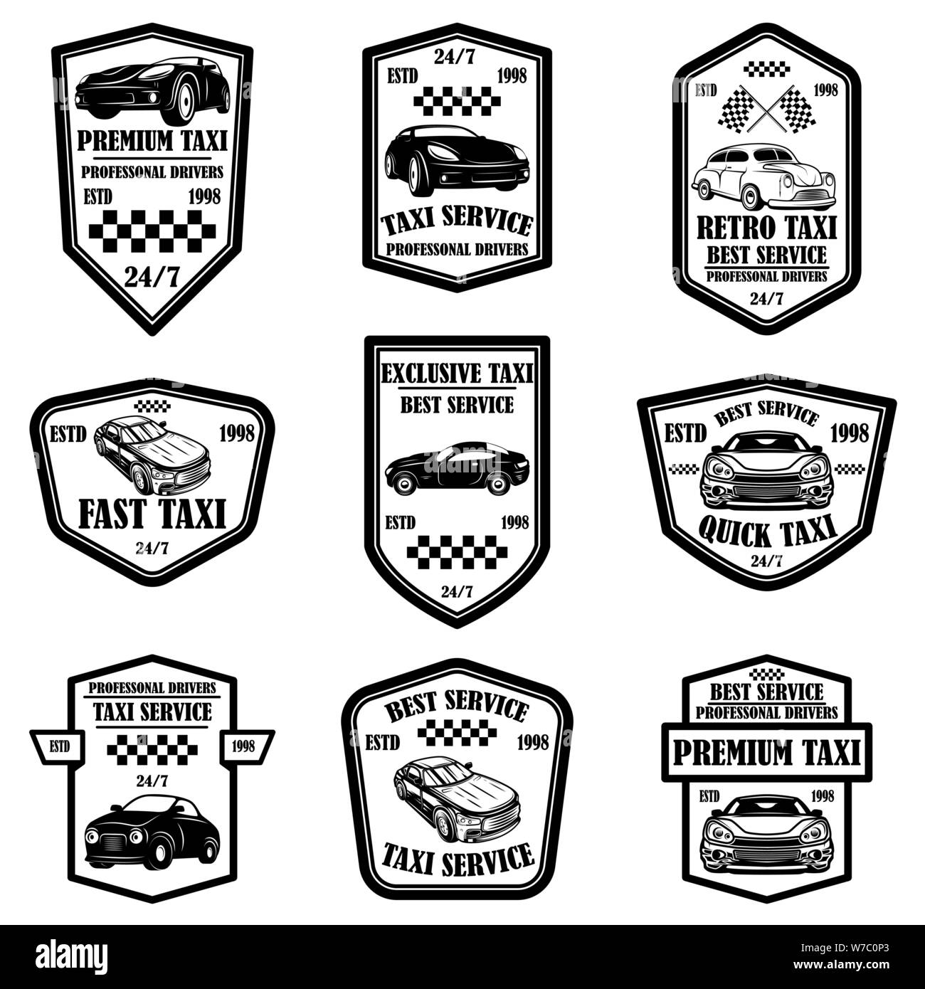 Set of taxi service emblems. Design elements for logo, label, sign, poster, card, flyer. Vector illustration, Set of taxi service emblems. Design elem Stock Vector