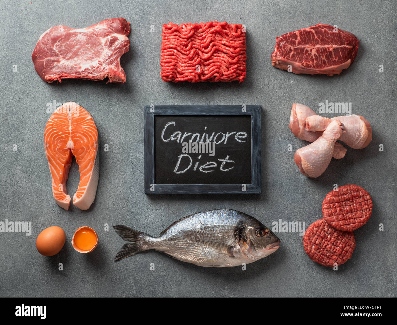 Carnivore diet concept. Raw ingredients for zero carb diet - meat, poultry, fish, seafood, eggs, beef bones for bone broth and words Carnivore Diet on gray stone background. Top view or flat lay. Stock Photo