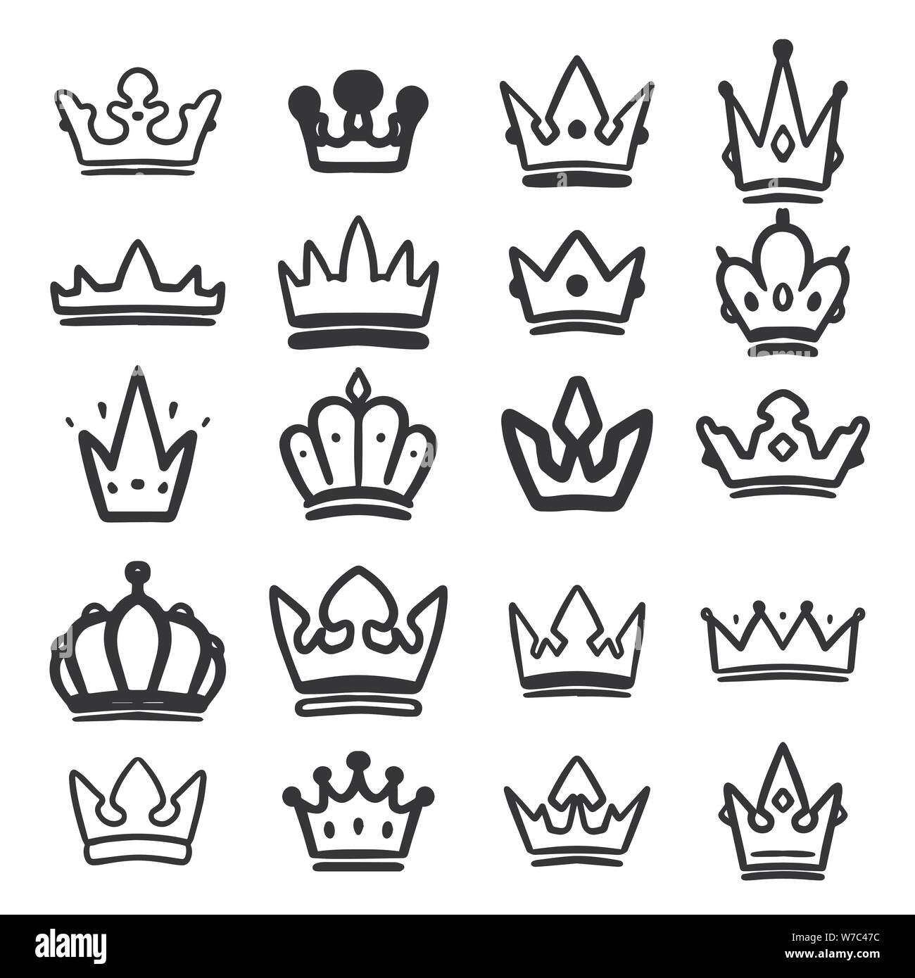 Set of hand drawn crowns isolated on white background. Design element for poster, card, banner, t shirt, emblem, sign. Vector illustration Stock Vector