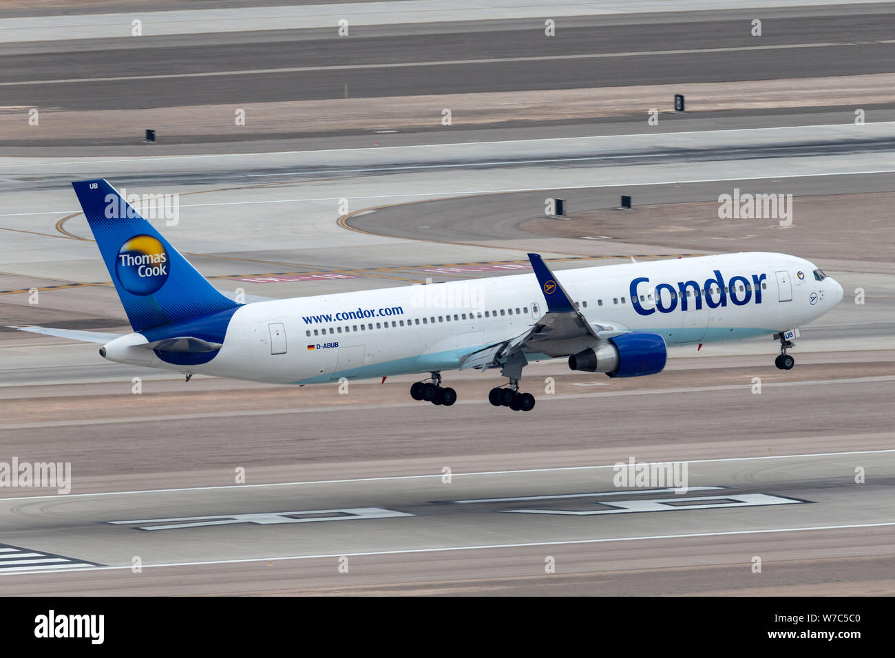 Condor Boeing 767 airliner arriving at McCarran International Airport