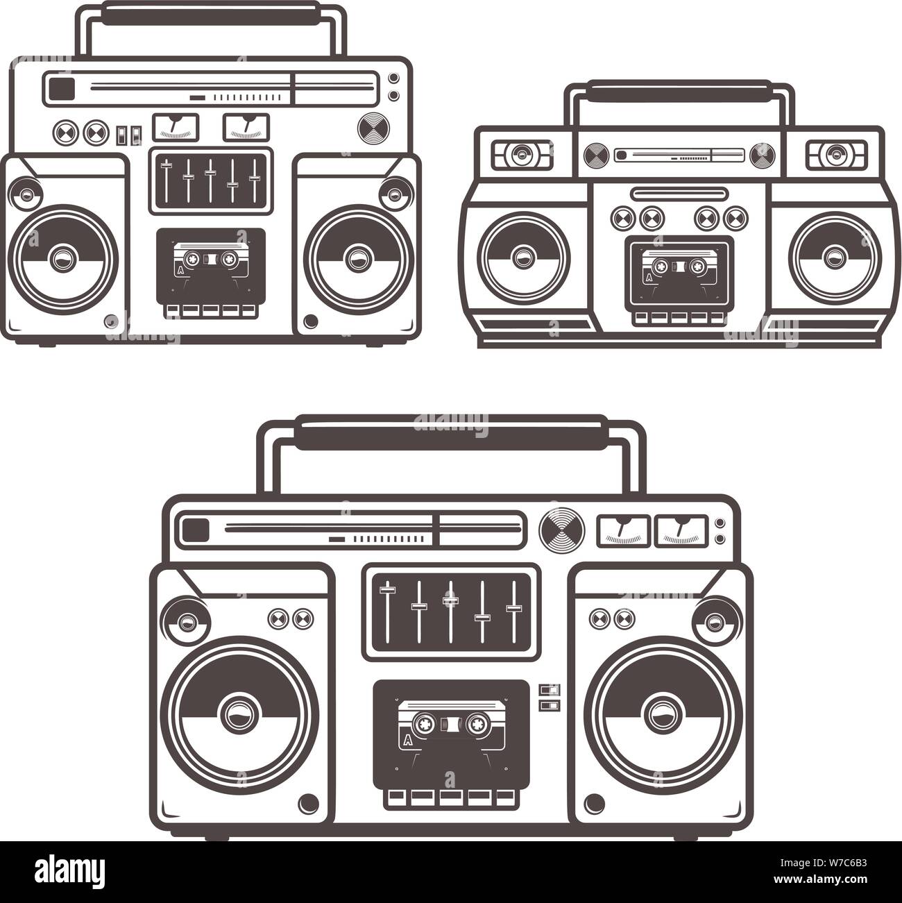 Set of boombox cassette players. Design element for poster, card