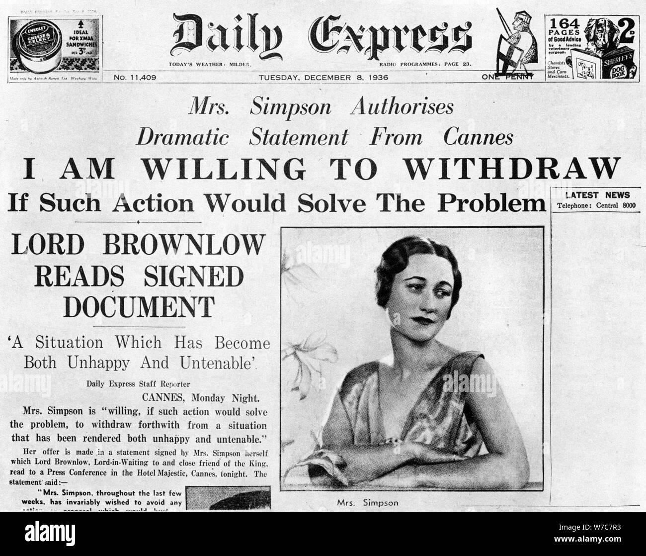 Mrs Simpson offers to 'withdraw', 8 December 1936. Artist: Unknown Stock Photo