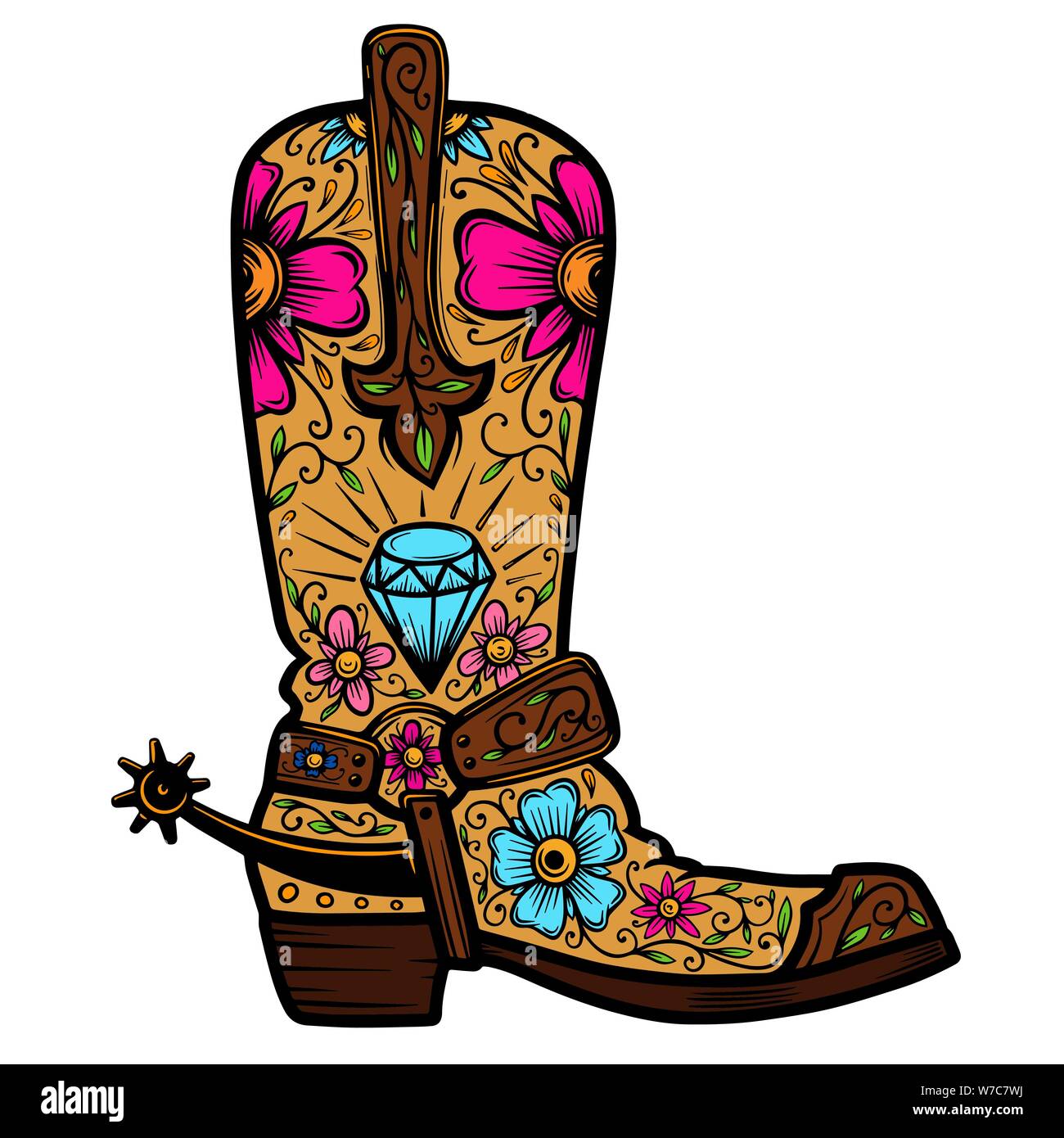 Cowboy boot with floral pattern.  Design element for poster, t shirt, emblem, sign. Stock Vector