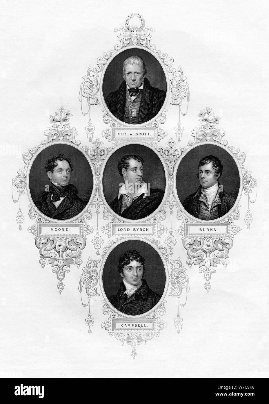 Sir Walter Scott, Thomas Moore, Lord Byron, Robert Burns, Thomas Campbell, 1877. Artist: Unknown Stock Photo