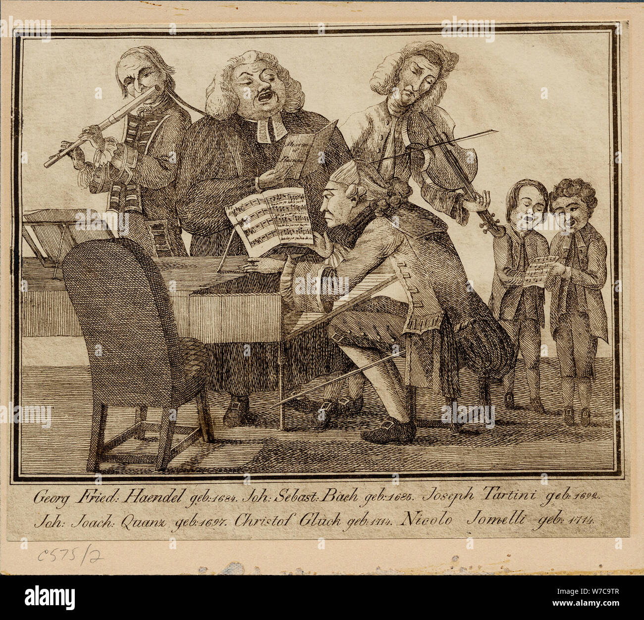 Georg Friedrich Haendel, Johann Sebastian Bach, Giuseppe Tartini, Johann Joachim Quantz, Christoph W Artist: Anonymous Stock Photo