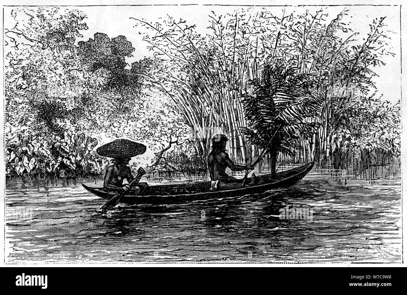 Dugout in the Essequibo River, Guyana, 19th century. Artist: Edouard Riou Stock Photo