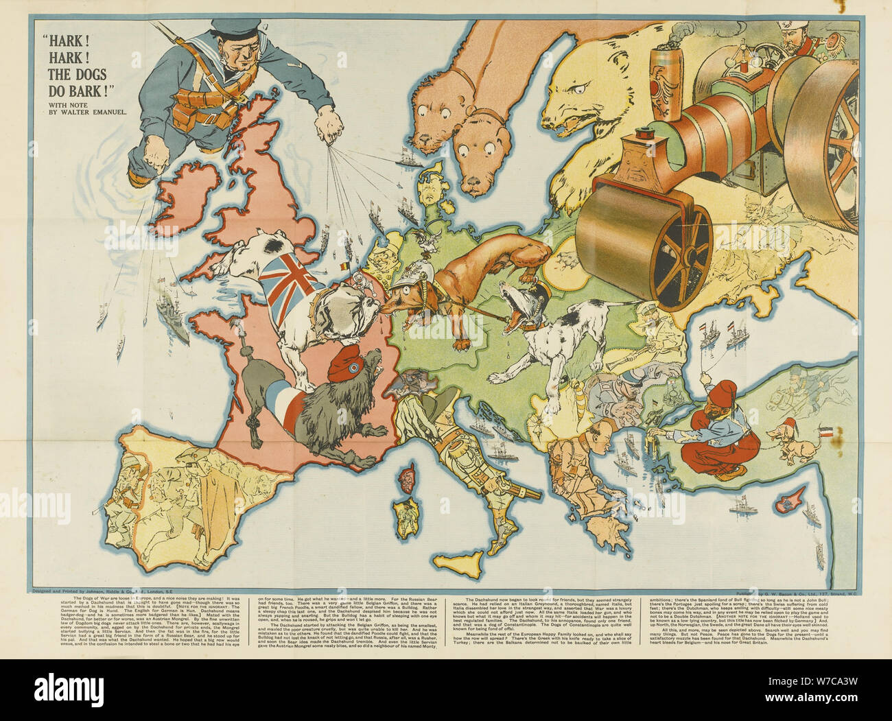 Hark! Hark! The Dogs Do Bark! European satirical map, 1914. Artist: Anonymous Stock Photo