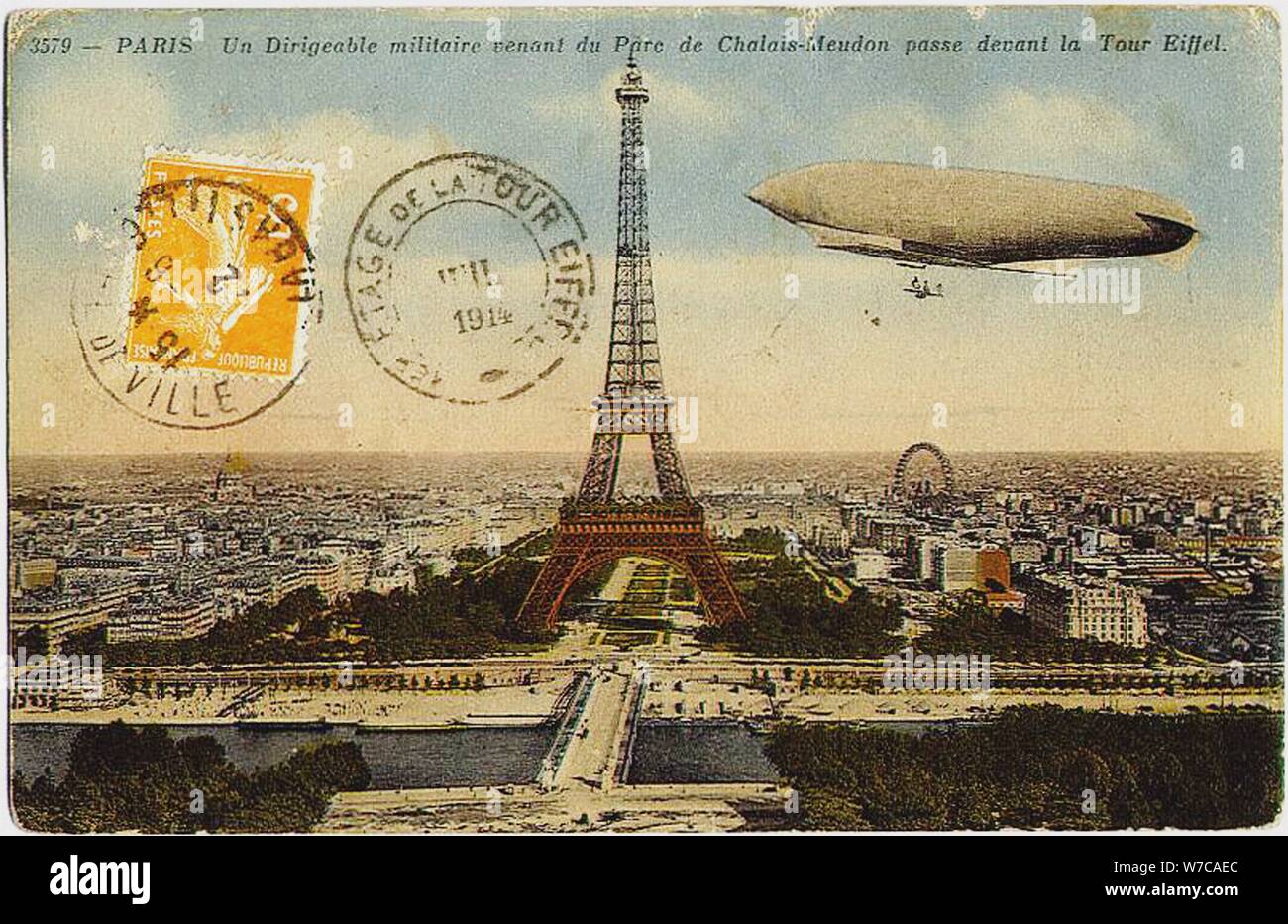 Military airship from the Chalais-Meudon park flying near the Eiffel Tower, 1908. Artist: Anonymous Stock Photo