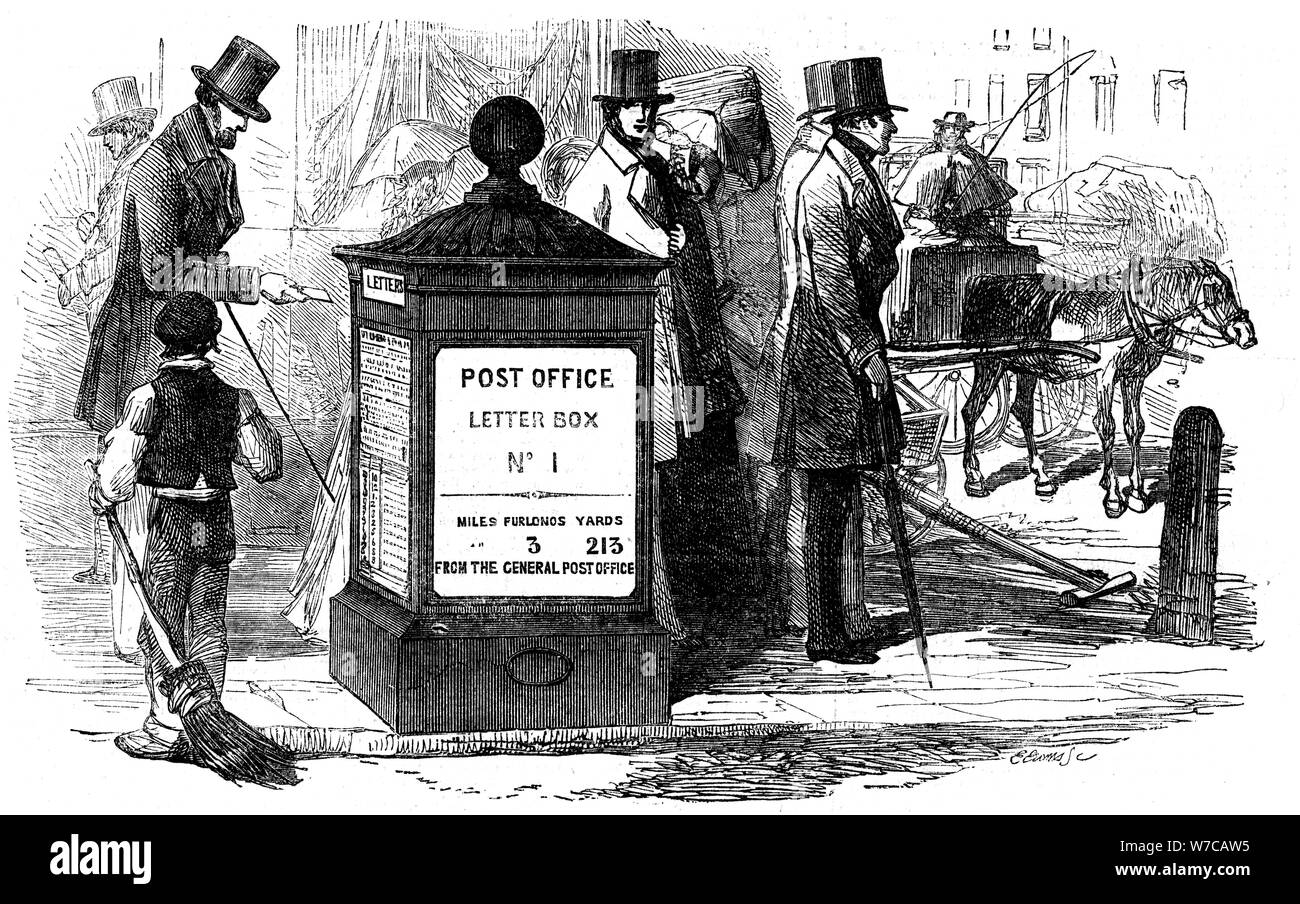 One of London's first pillar (letter) boxes, 1855.  Artist: Anon Stock Photo