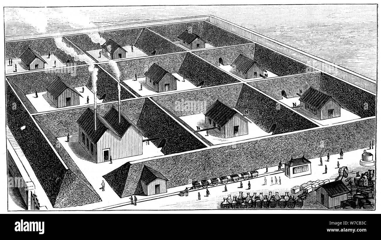 Nitroglycerin processing plant, explosives factory, Val Bormida, near Cengio, Italy, 1888. Artist: Anon Stock Photo