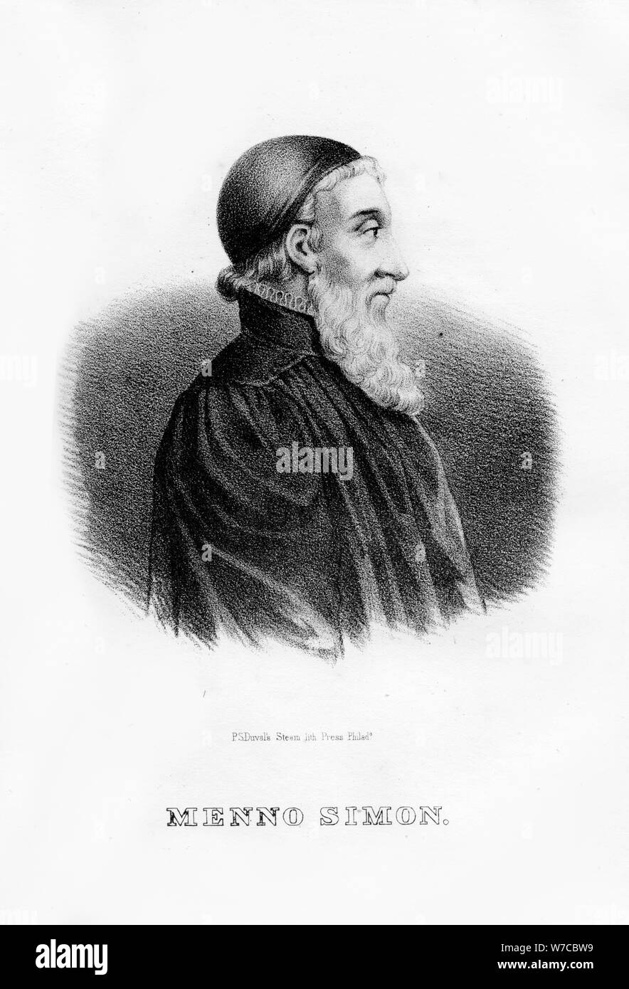 Menno Simons, Dutch Anabaptist religious leader, (1854). Artist: Unknown Stock Photo