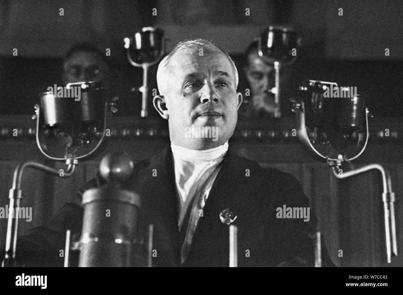 Nikita Krushchev on the 8th Extraordinary Congress of Soviets on December 5, 1936. Stock Photo