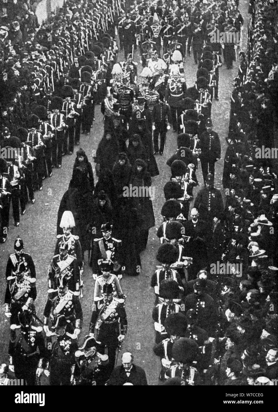 The royal mourners following the funeral procession from Osborne House to the Trinity Pier, 1901.Artist: Russell & Sons Stock Photo