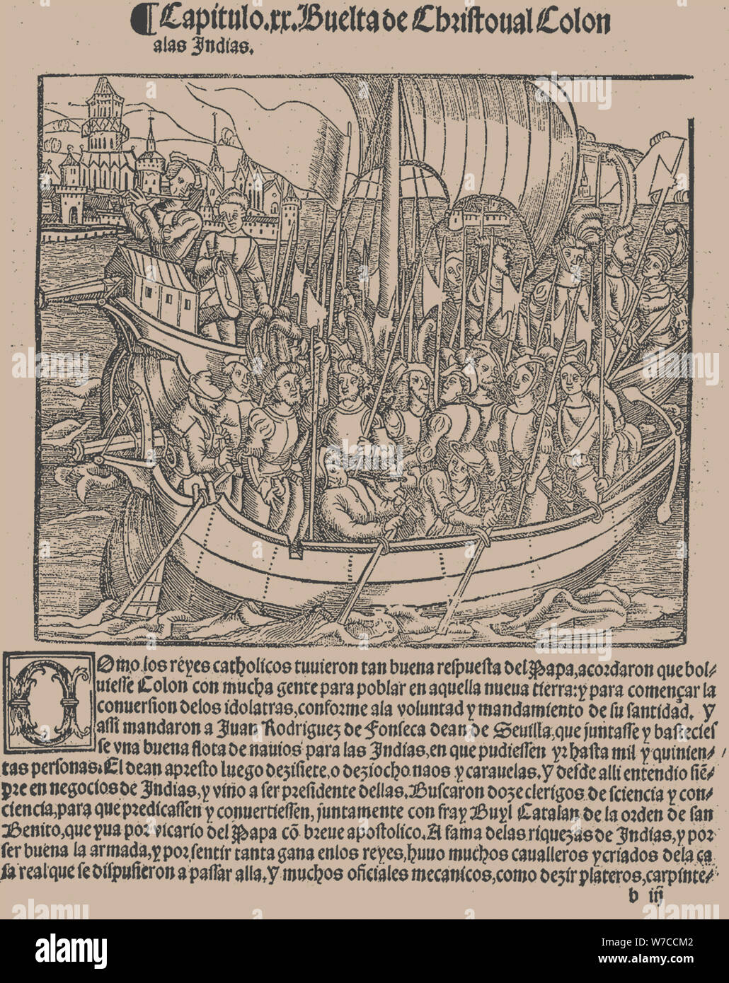 The return of Christopher Columbus from India. From Historia General de las Indias y Nuevo Mundo, by Stock Photo