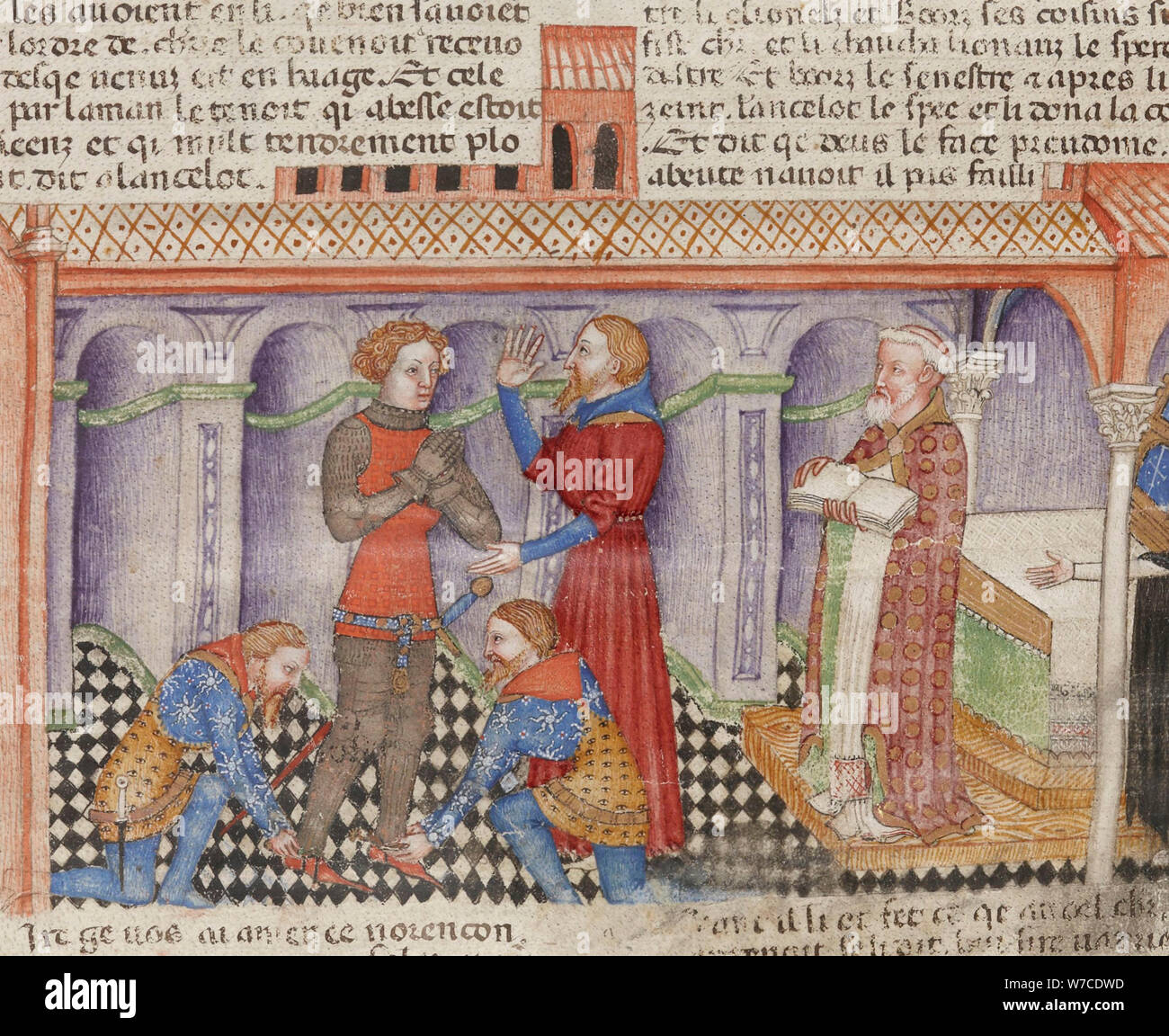 The Investiture of the Knight. From: La Quête du Saint Graal et la Mort d'Arthus. Stock Photo