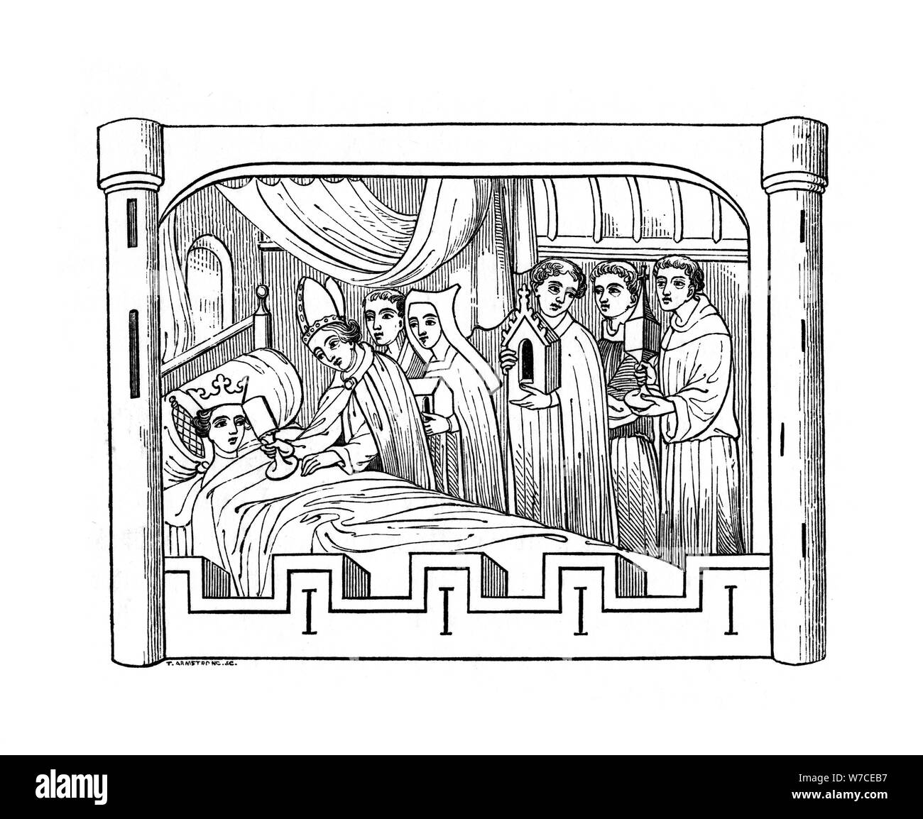 Louis, the eldest son of Philip Auguste, king of France, lies ill in bed, 1191, (1843).Artist: Henry Shaw Stock Photo