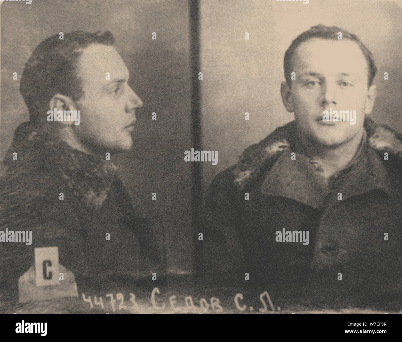 A mug shot of Sergei Lvovich Sedov (1908-1937), 1935. Stock Photo