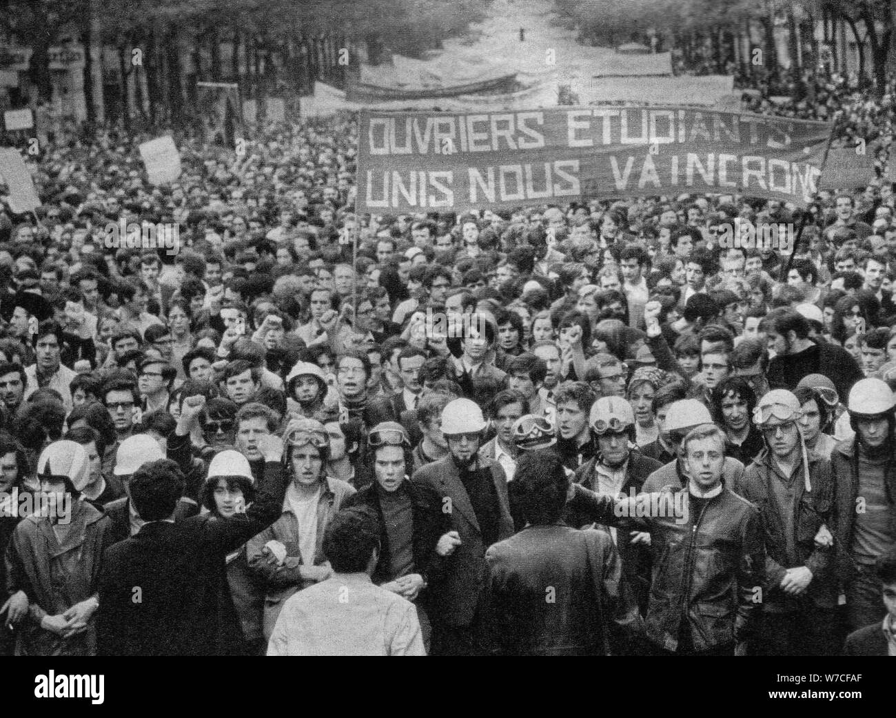 French Social Revolution of 1968. Students march in the streets of Paris in May 1968, 1968. Stock Photo