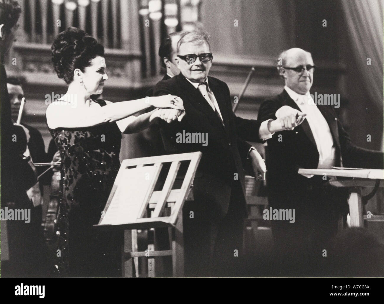 Galina Vishnevskaya, Dmitri Shostakovich and Mstislav Rostropovich after the performance of the 14th Stock Photo