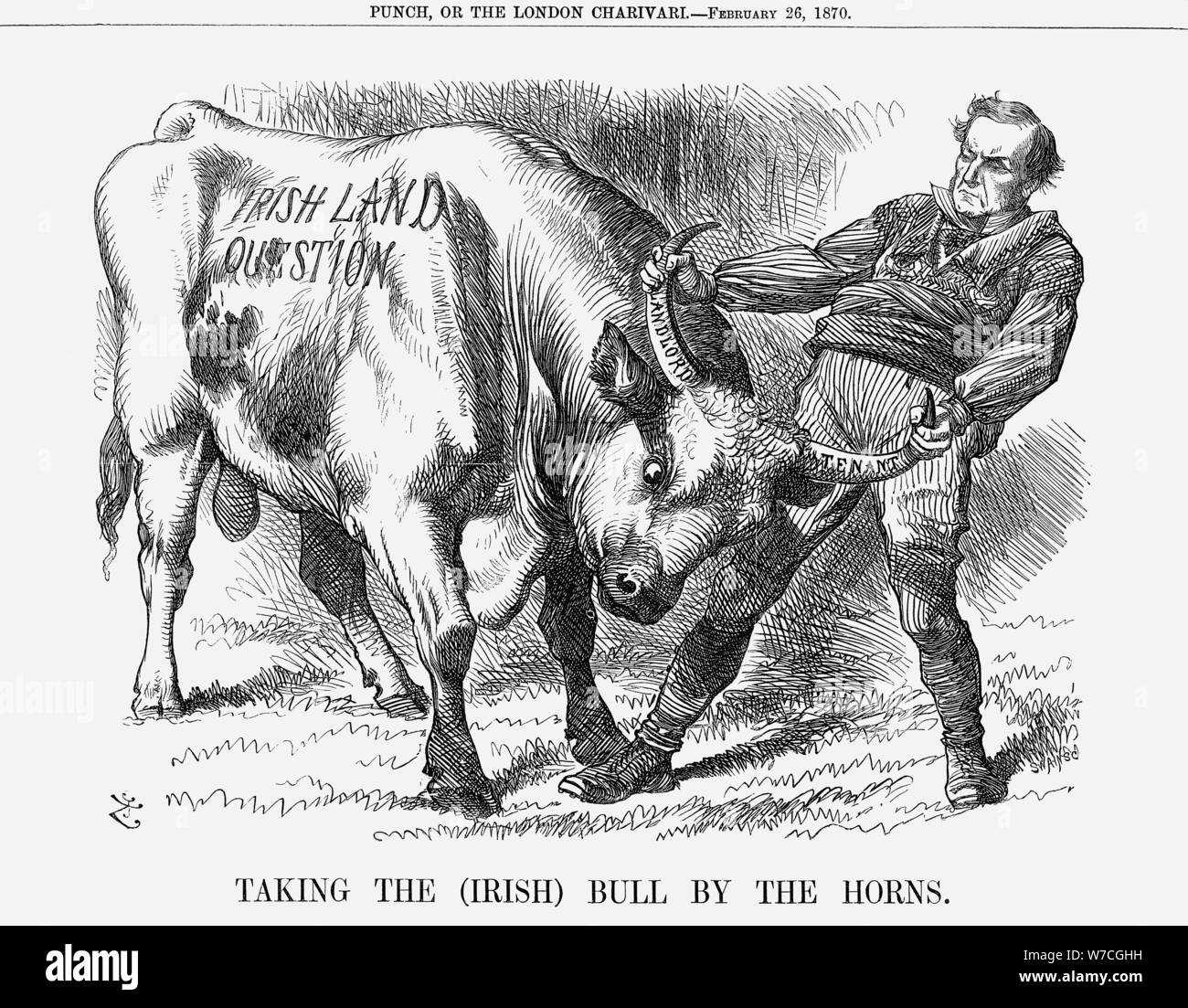 'Taking the (Irish) Bull by the Horns', 1870. Artist: Joseph Swain Stock Photo