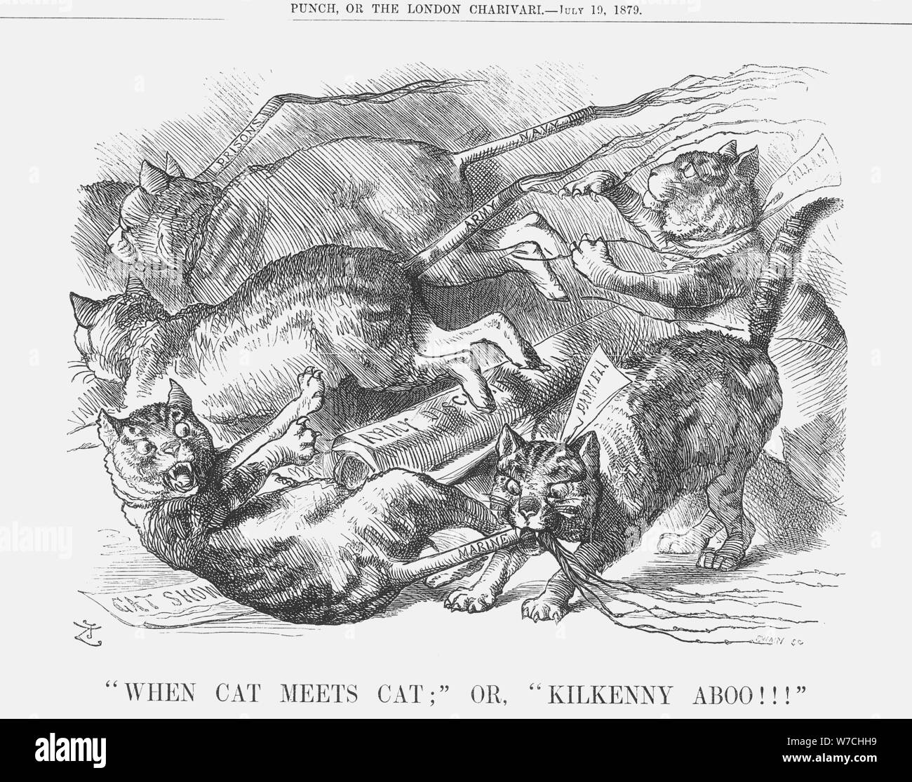 When Cat Meets Cat; or, Kilkenny Aboo!!!, 1879. Artist: Joseph Swain Stock Photo