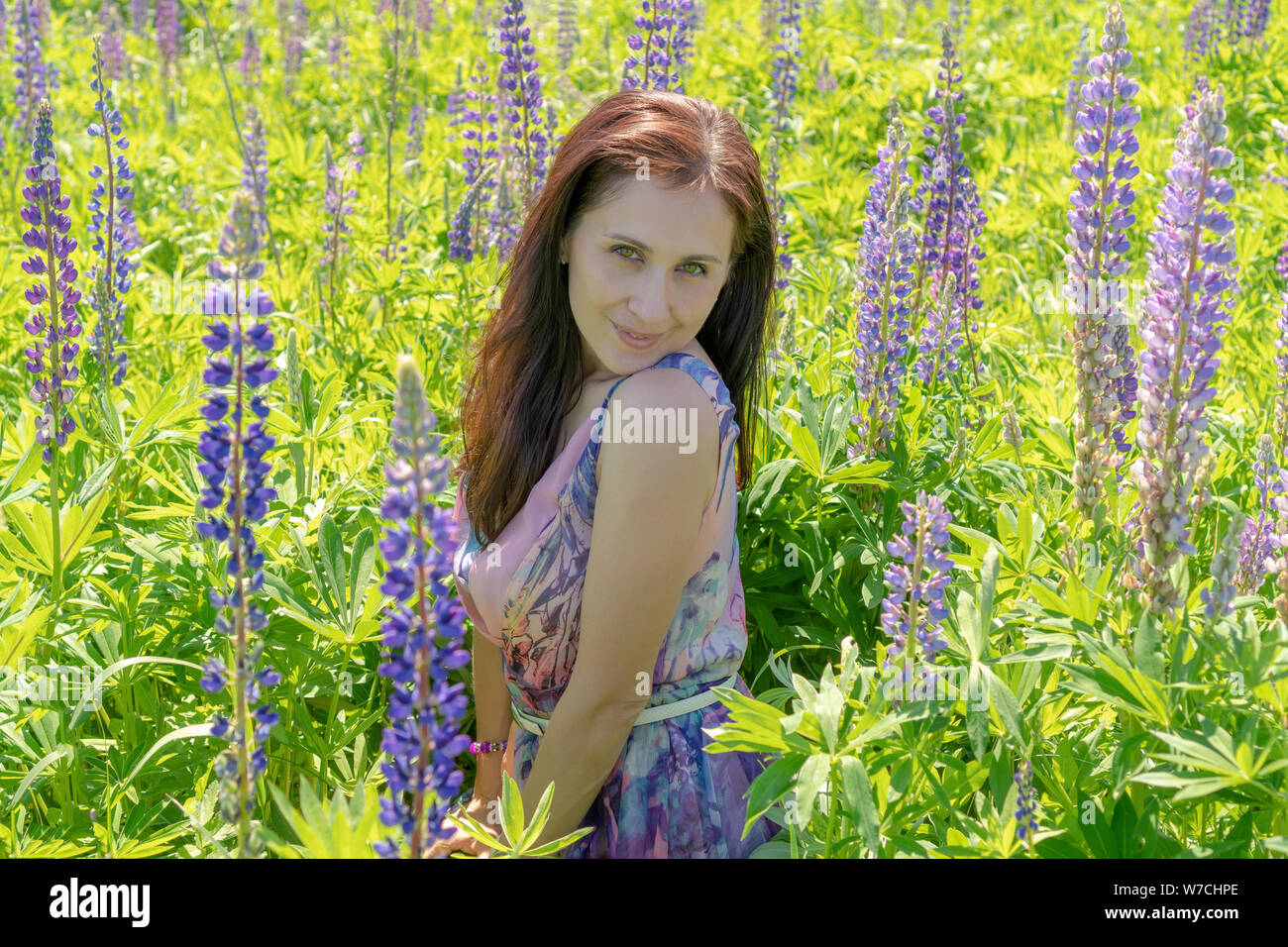 Portrait of a beautiful woman with green eyes brown long hair on a ...