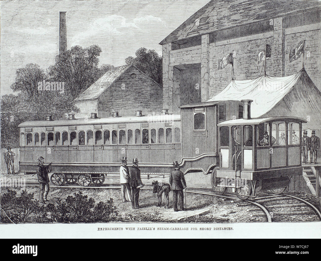 'Experiments with Fairlie's steam carriage for short distances', August 1869. Artist: Unknown Stock Photo