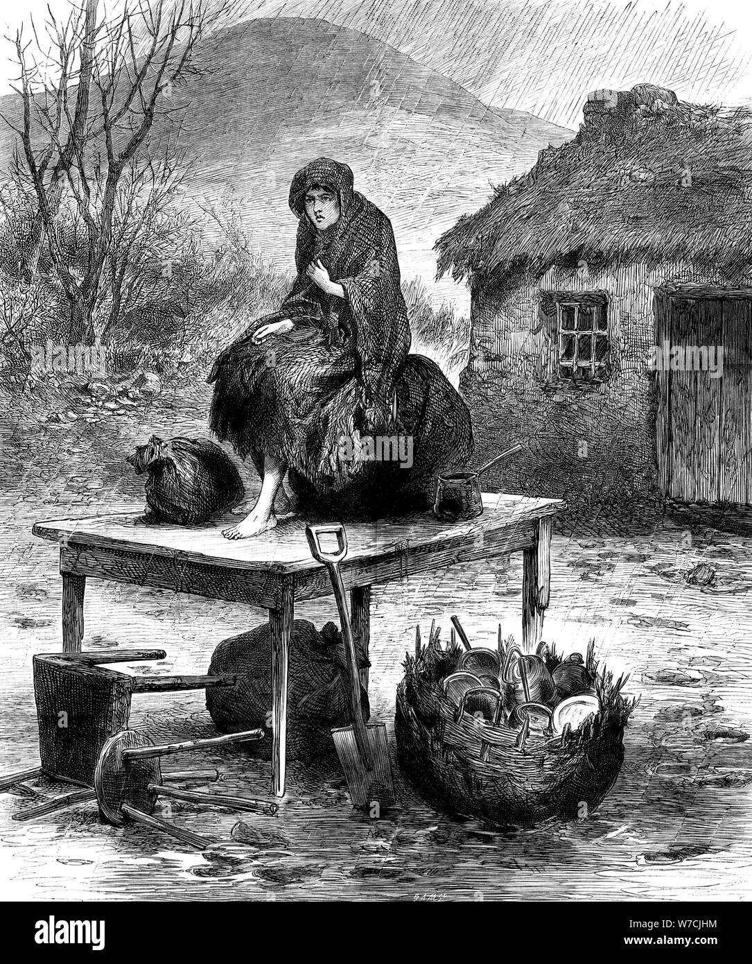 Irish peasant girl guarding the family's last few  possessions, 1886. Artist: Unknown Stock Photo