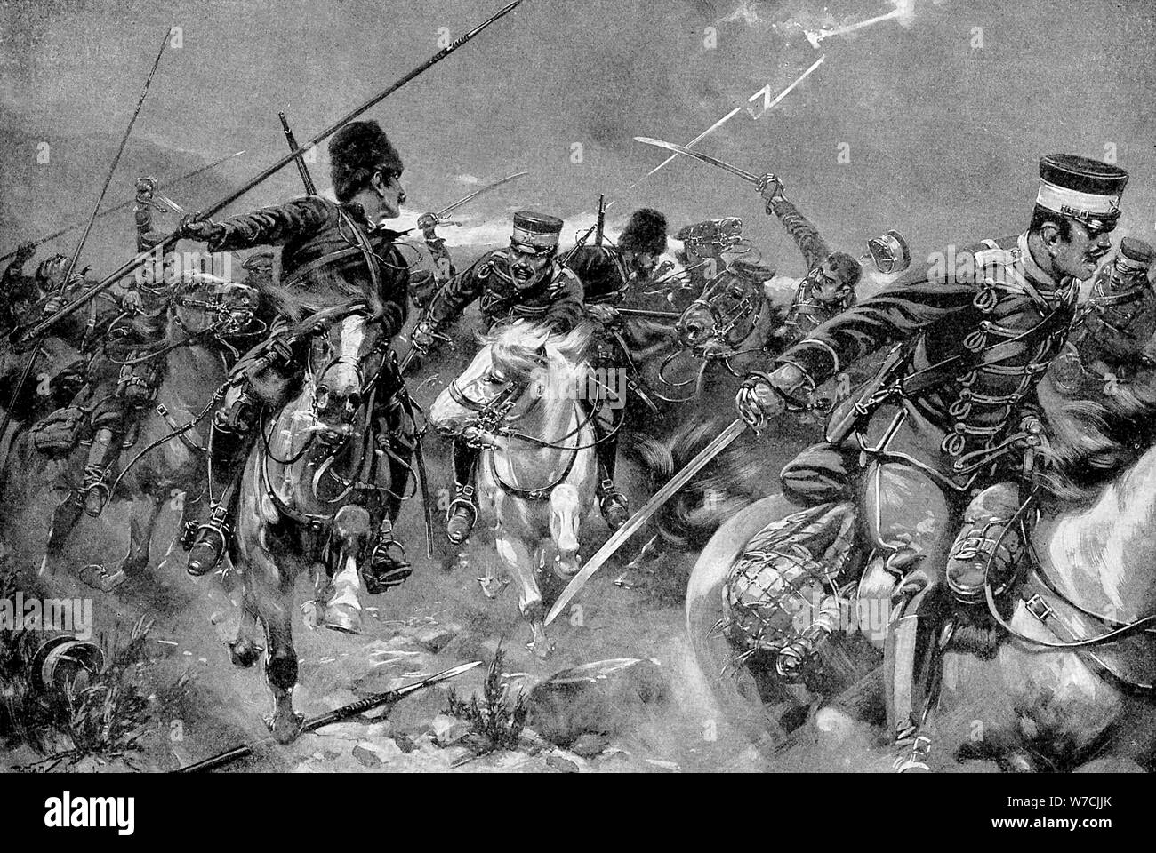 Combat between Cossacks and Japanese Cavalry in a thunderstorm, Russo-Japanese War, 1904-5. Artist: Unknown Stock Photo