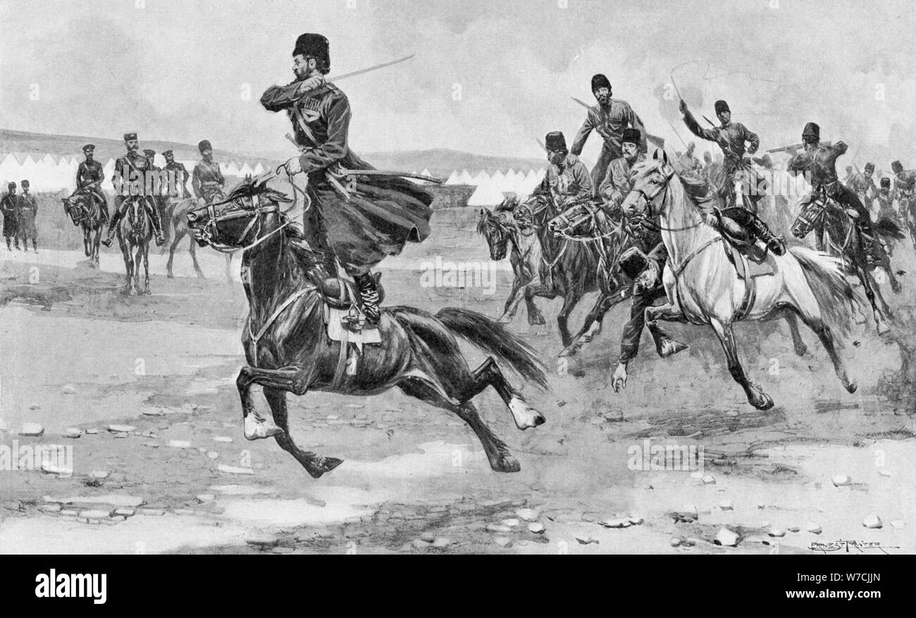 Russian Cossacks at drill, Russo-Japanese War, 1904-5. Artist: Unknown Stock Photo