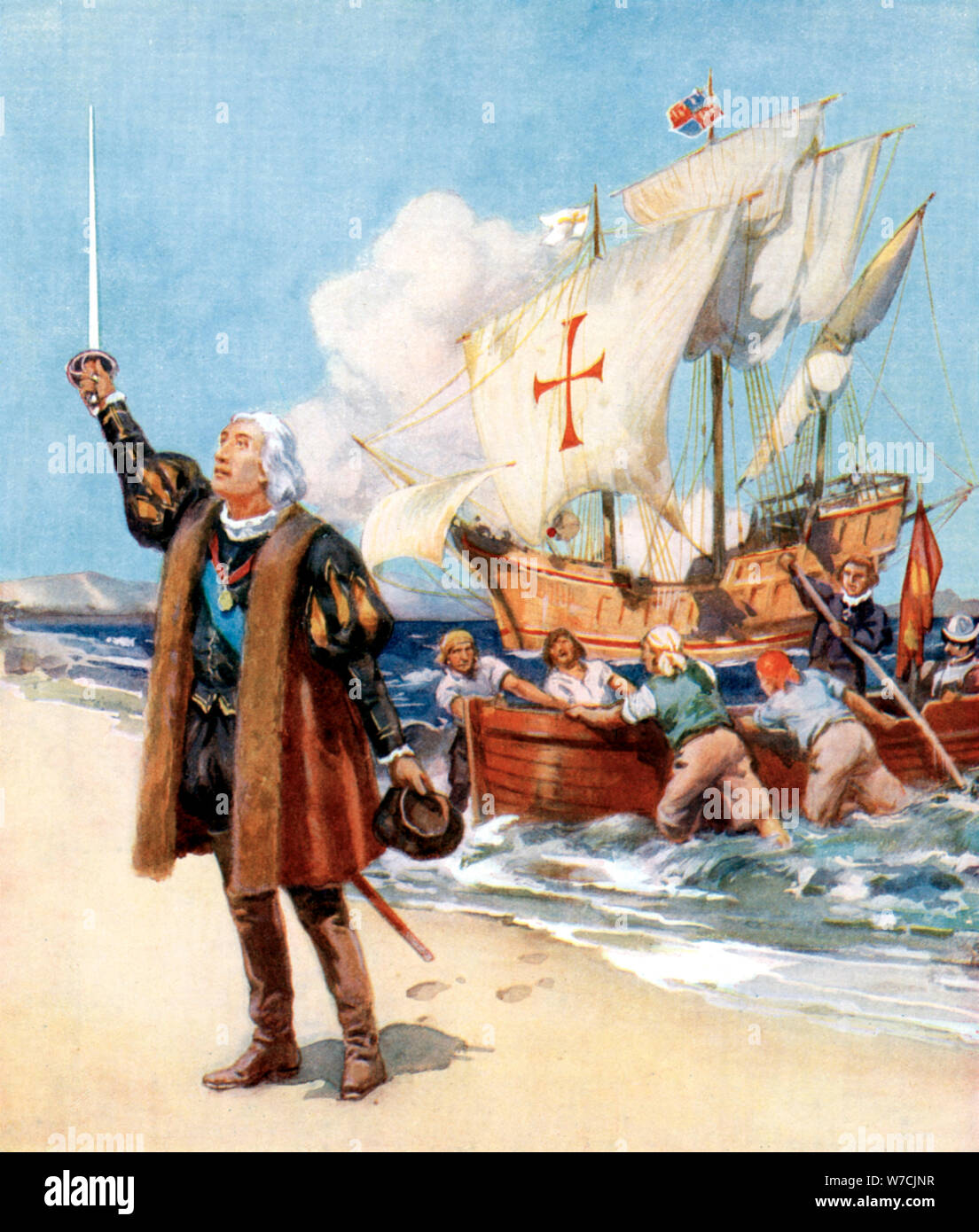 Christopher Columbus landing in America, 1492, (c1920). Artist: Unknown Stock Photo