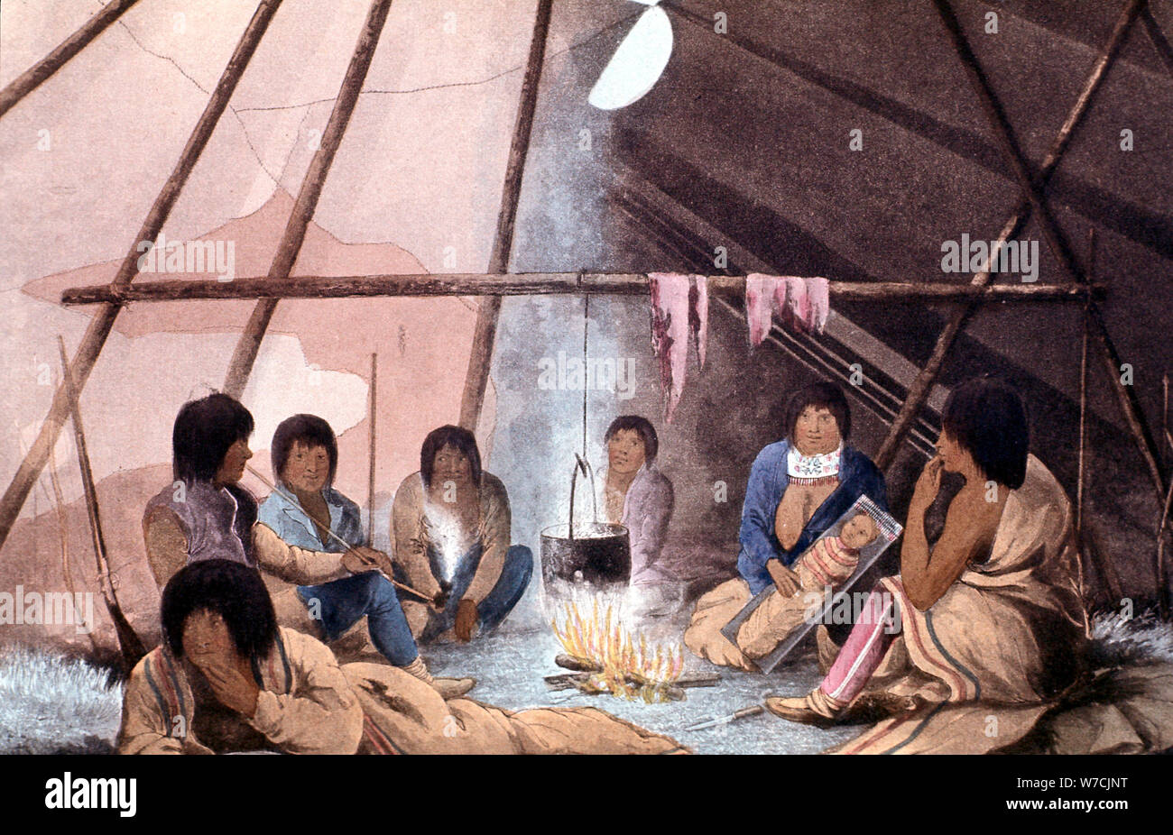 Interior of Cree Indian tent, 1823. Artist: John Franklin Stock Photo
