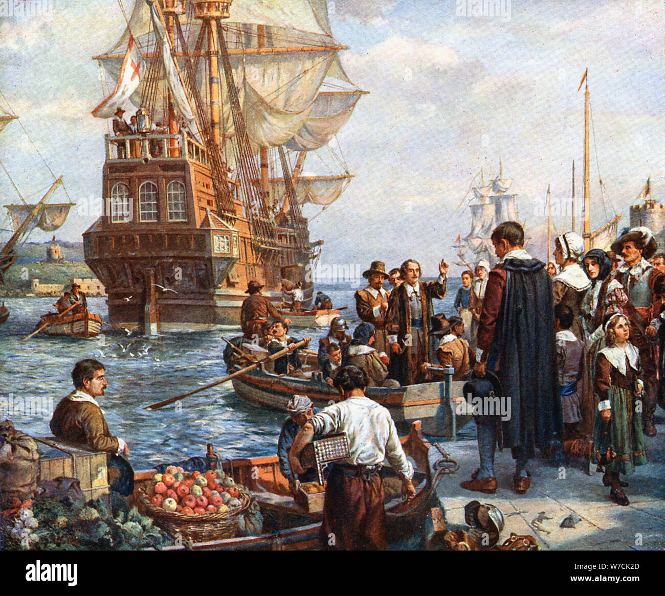 Pilgrim Fathers boarding the Mayflower. Artist: Unknown Stock Photo