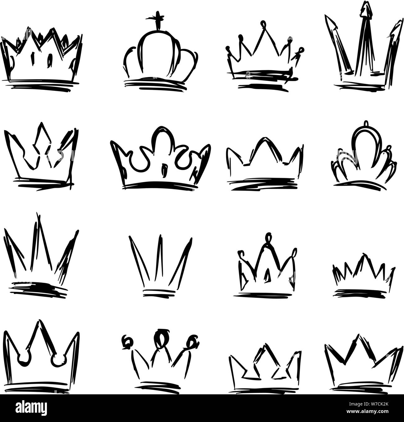 Doodle King Queen Crown Hand Drawn Logo Black Set Vector Kingdom
