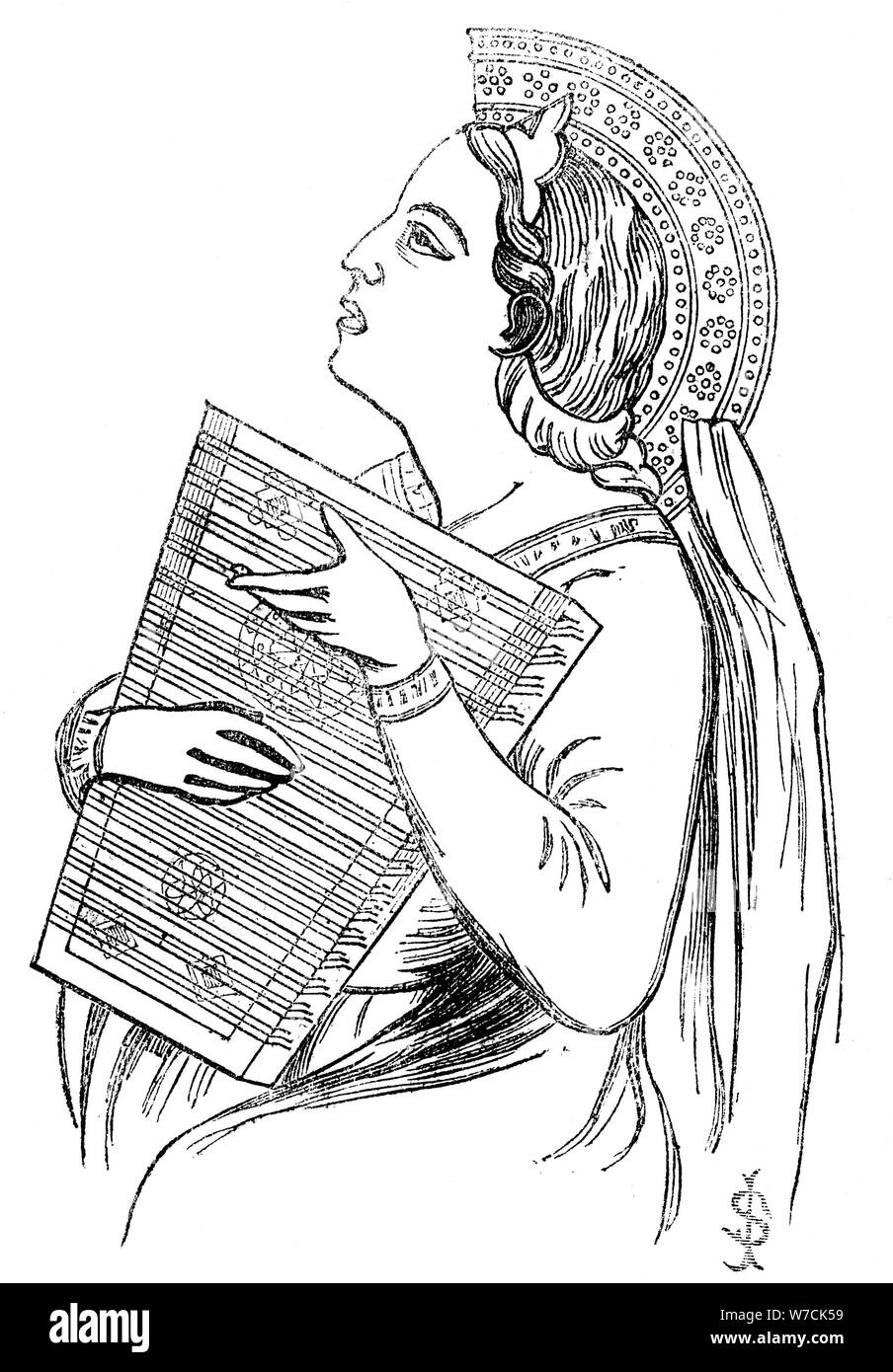 Woman playing a playing a Psaltery, c1840. Artist: Unknown Stock Photo