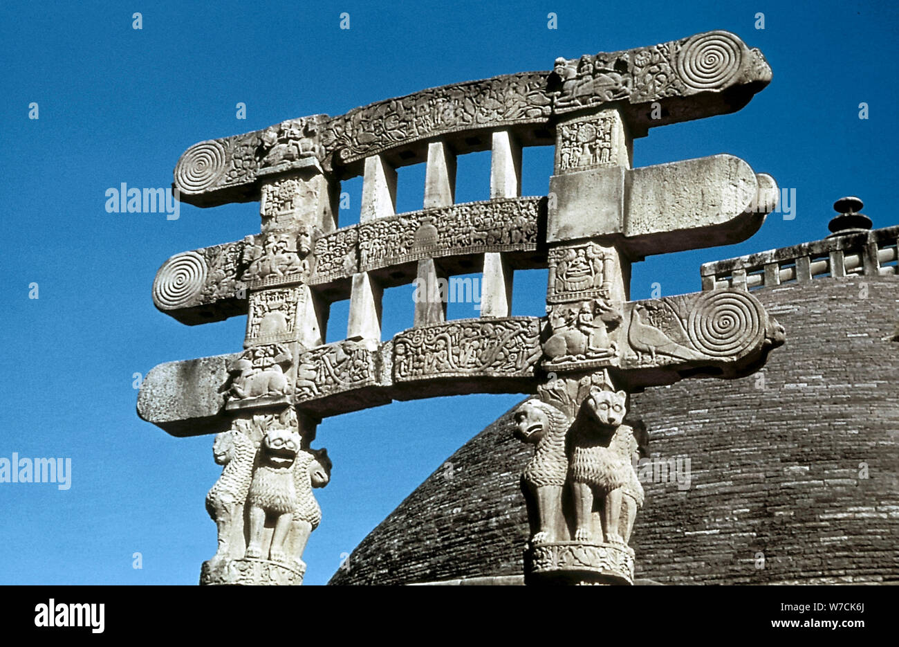 South gate (torana) architraves of the Great Stupa, Sanchi, India, 75-50 BC. Artist: Unknown Stock Photo