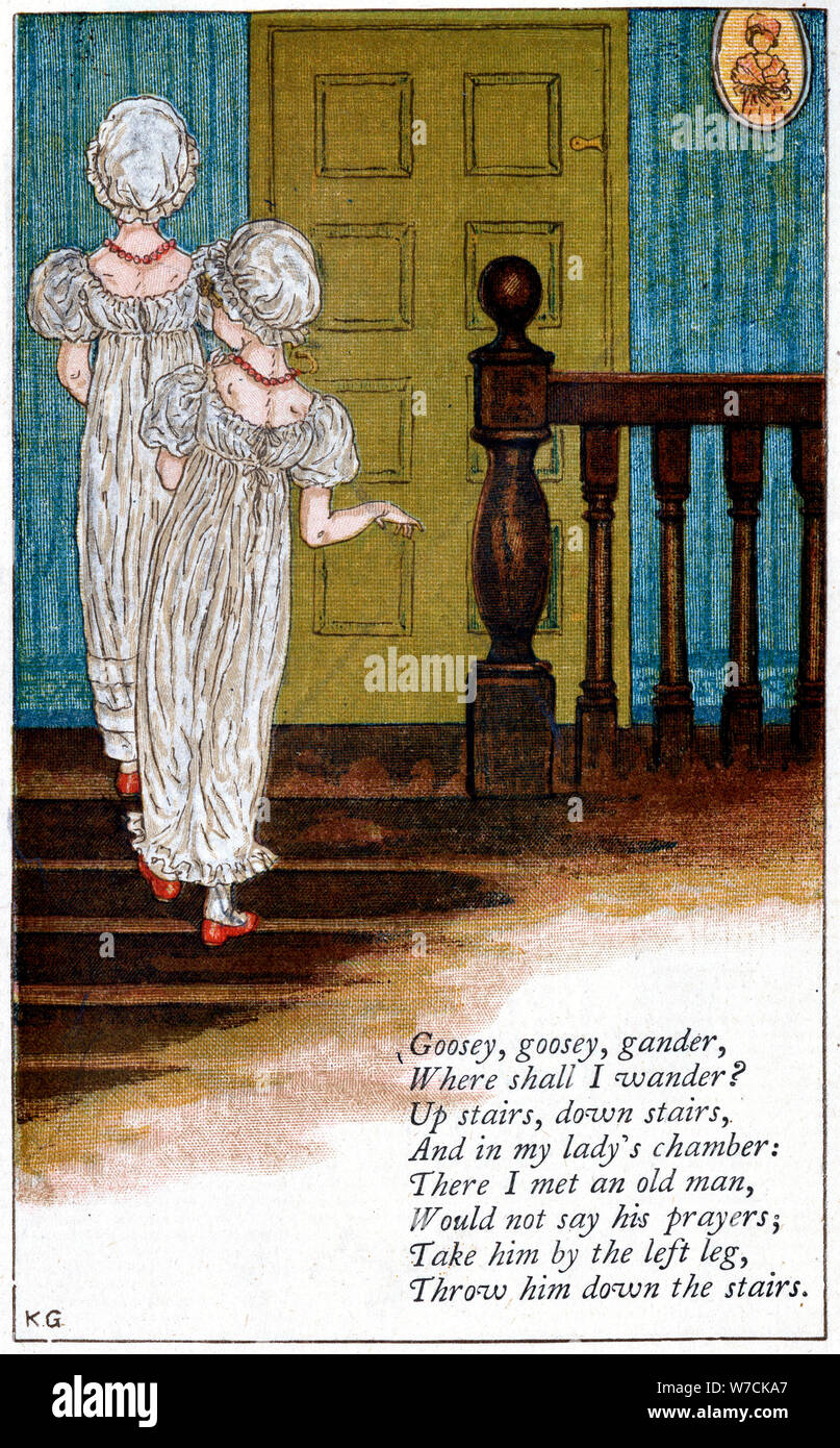 Illustration for 'Goosey, goosey gander, where shall I wander?', Kate Greenaway (1846-1901). Artist: Catherine Greenaway Stock Photo