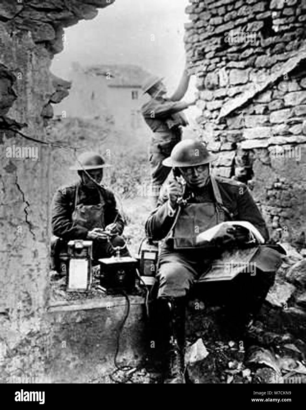 United States Army Signal Corps using captured German telephone equipment, World War 1. Artist: Unknown Stock Photo