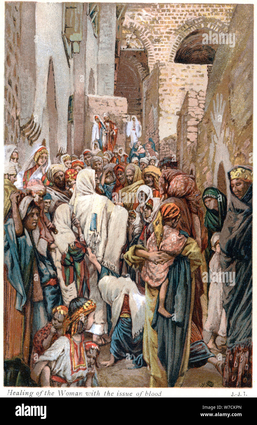 Woman with issue of blood touching the border of Jesus' garment and being  healed, c1890. Artist: James Tissot Stock Photo