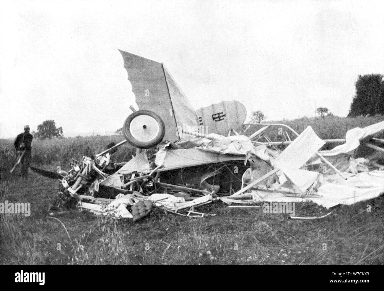 Wreckage of aeroplane in which British pilot Flight-Lieutenant Warneford was killed, 1915. Artist: Unknown Stock Photo