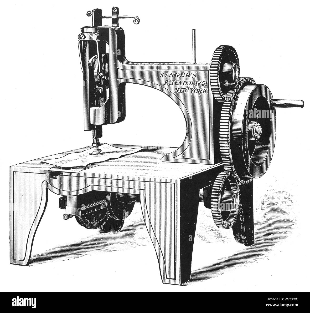 Isaac Merrit Singer's first sewing machine, patented in 1851 (1880). Artist: Unknown Stock Photo