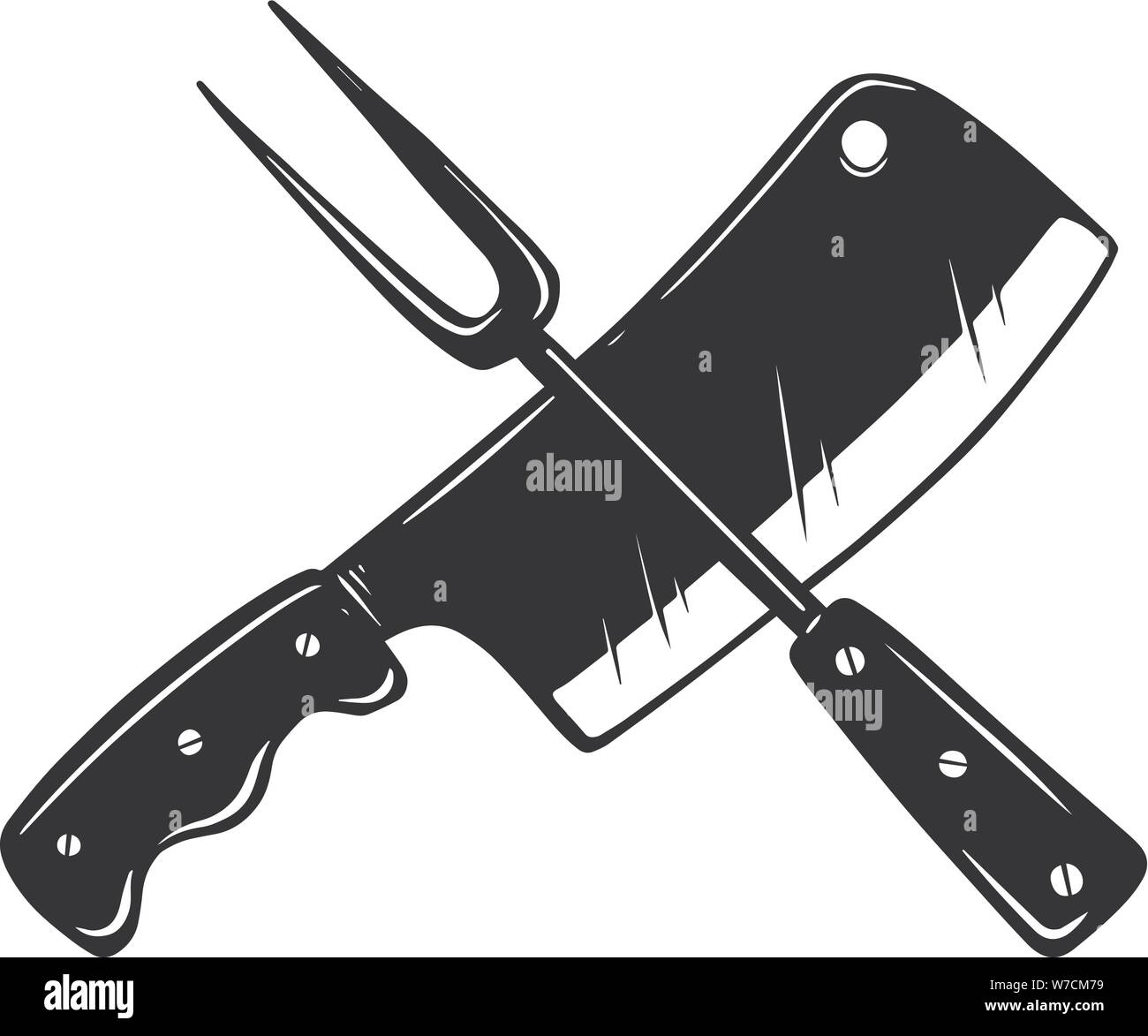 Crossed fork and butcher cleaver. Design element for logo, label, sign