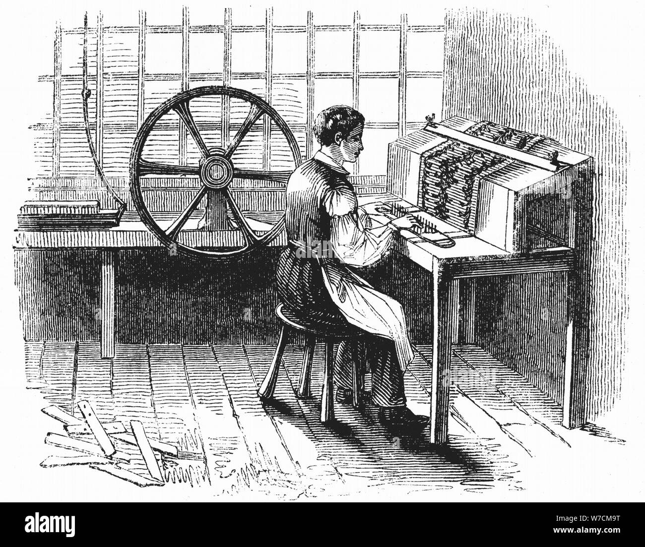 Man operating machine punching cards for Jacquard looms, 1844. Artist: Unknown Stock Photo
