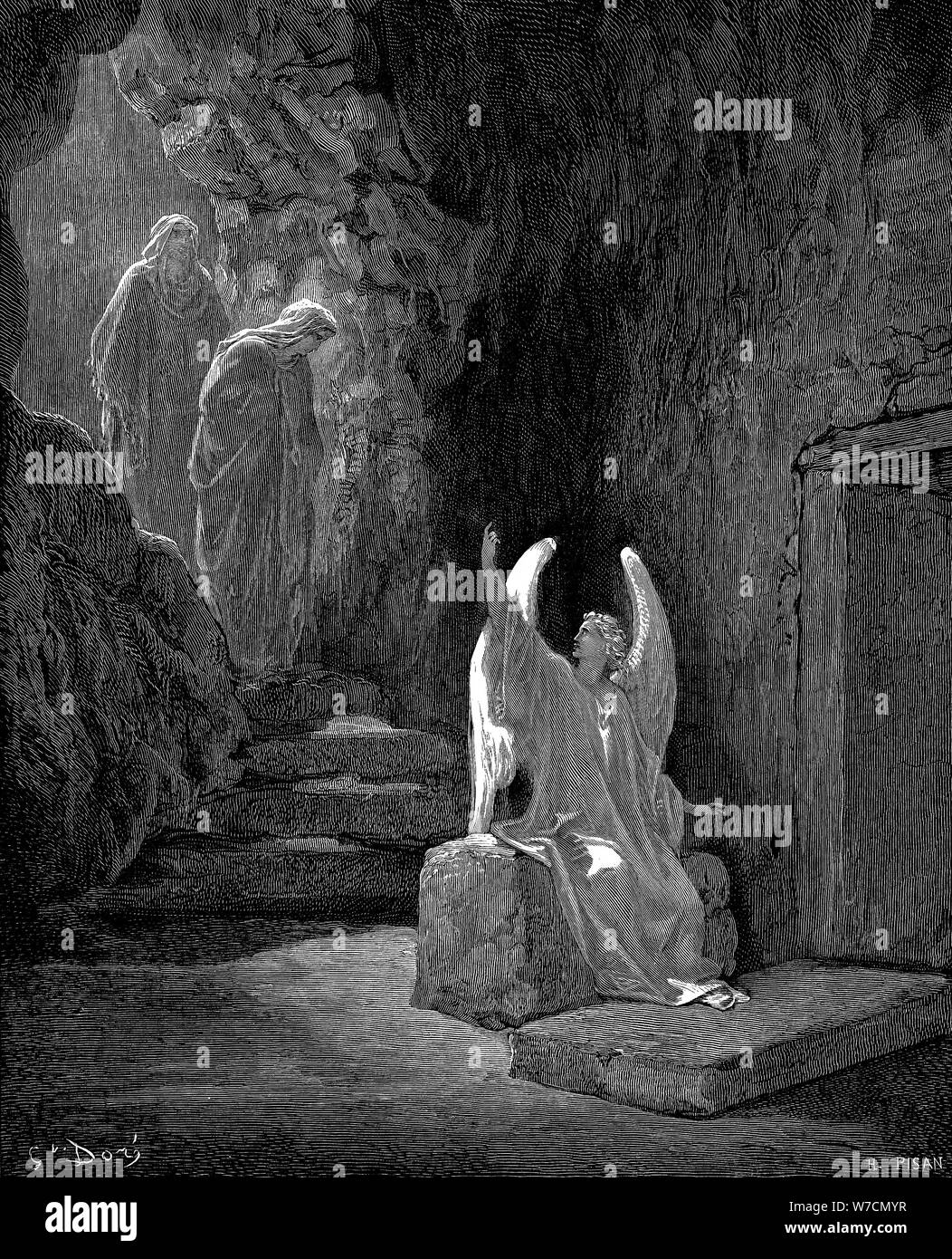 Angel showing Mary Magdalene and 'the other Mary' Christ's empty tomb, 1865-1866. Artist: Gustave Doré Stock Photo