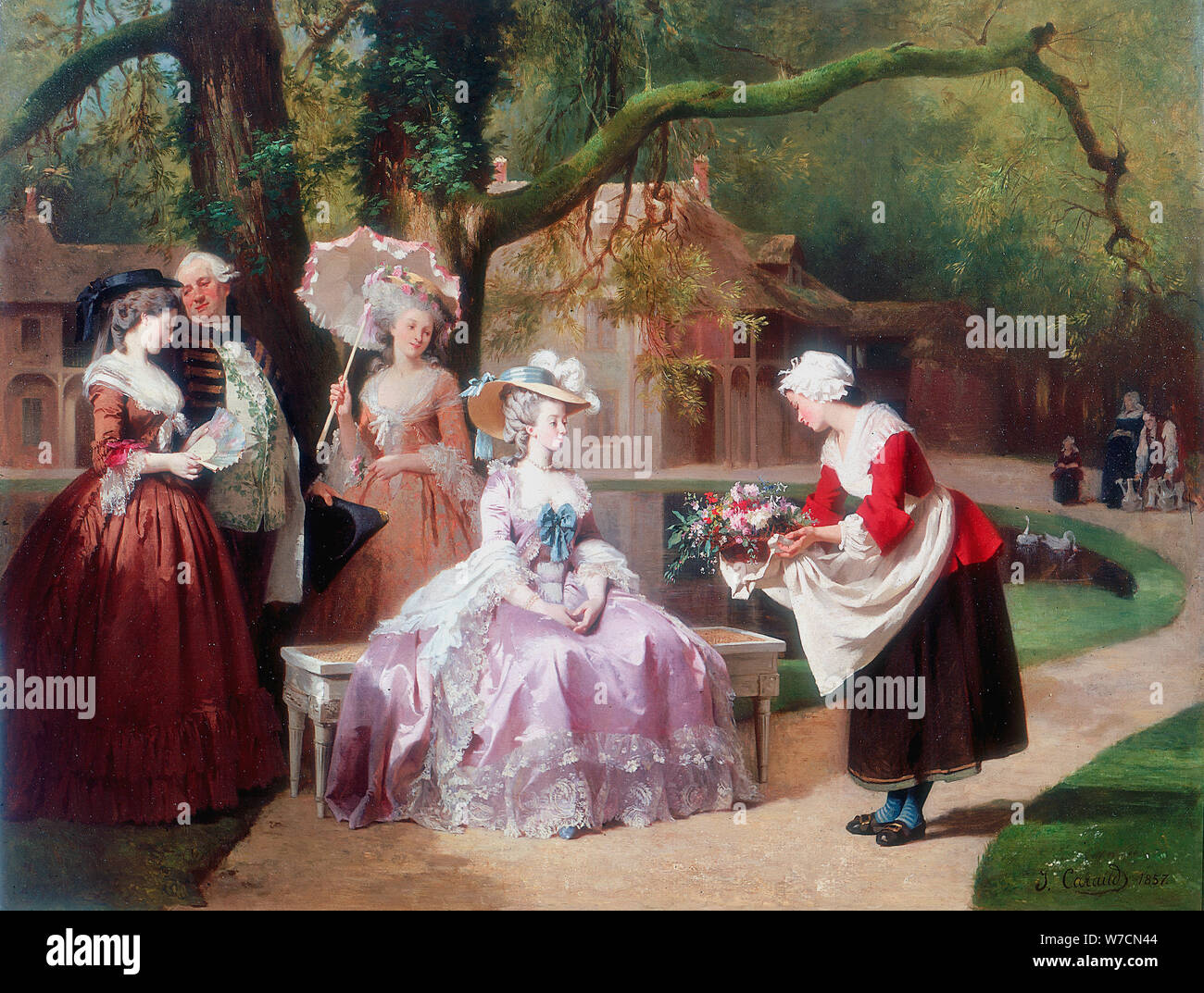 Empress Eugenie presented with bouquet by peasant girl. Artist: J Carand Stock Photo